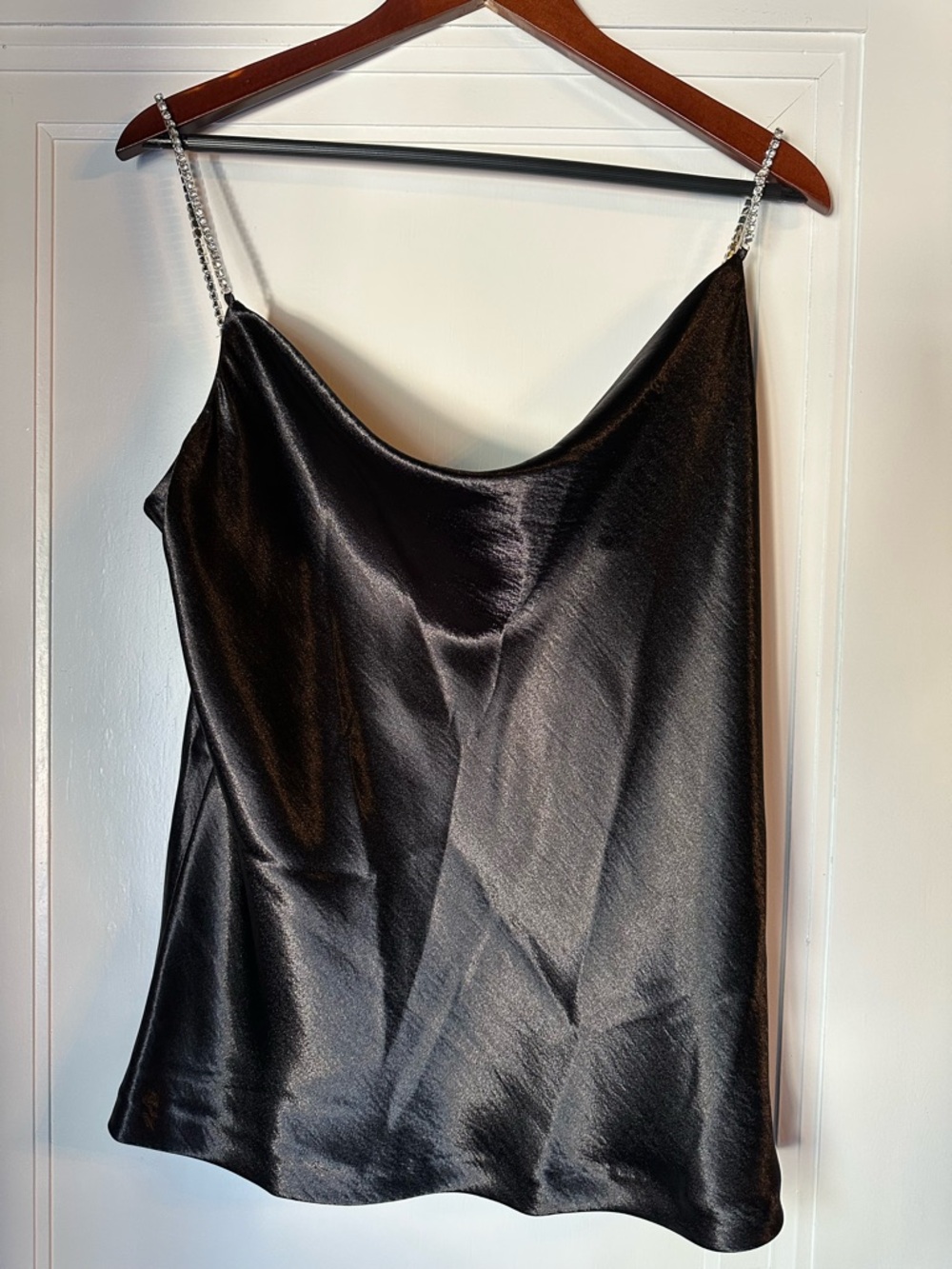 Karl Lagerfeld Black Satin Cowl Neck Tank Top with Rhinestone Straps - Picture 2 of 5